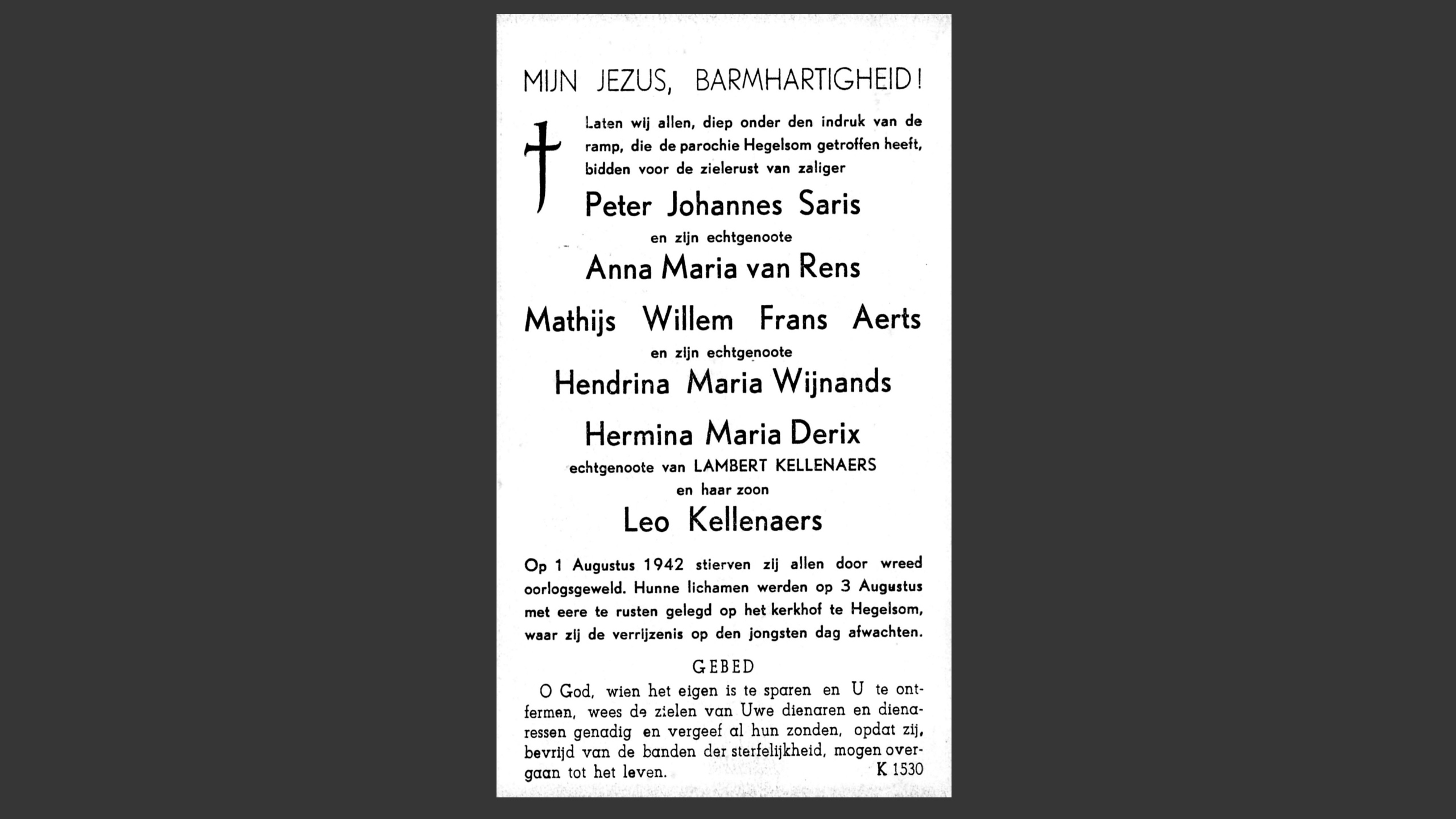 1942 bidprentje oorlogslachtoffers achterkant
